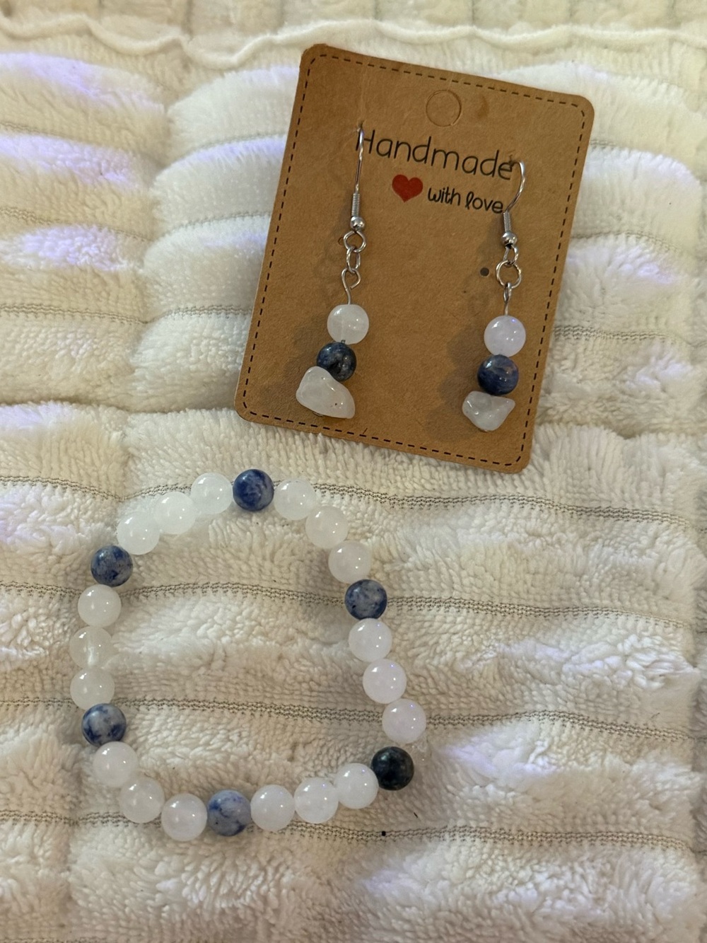 Natural blue dot jasper/white jade bracelet with sodalite/white jade earring set